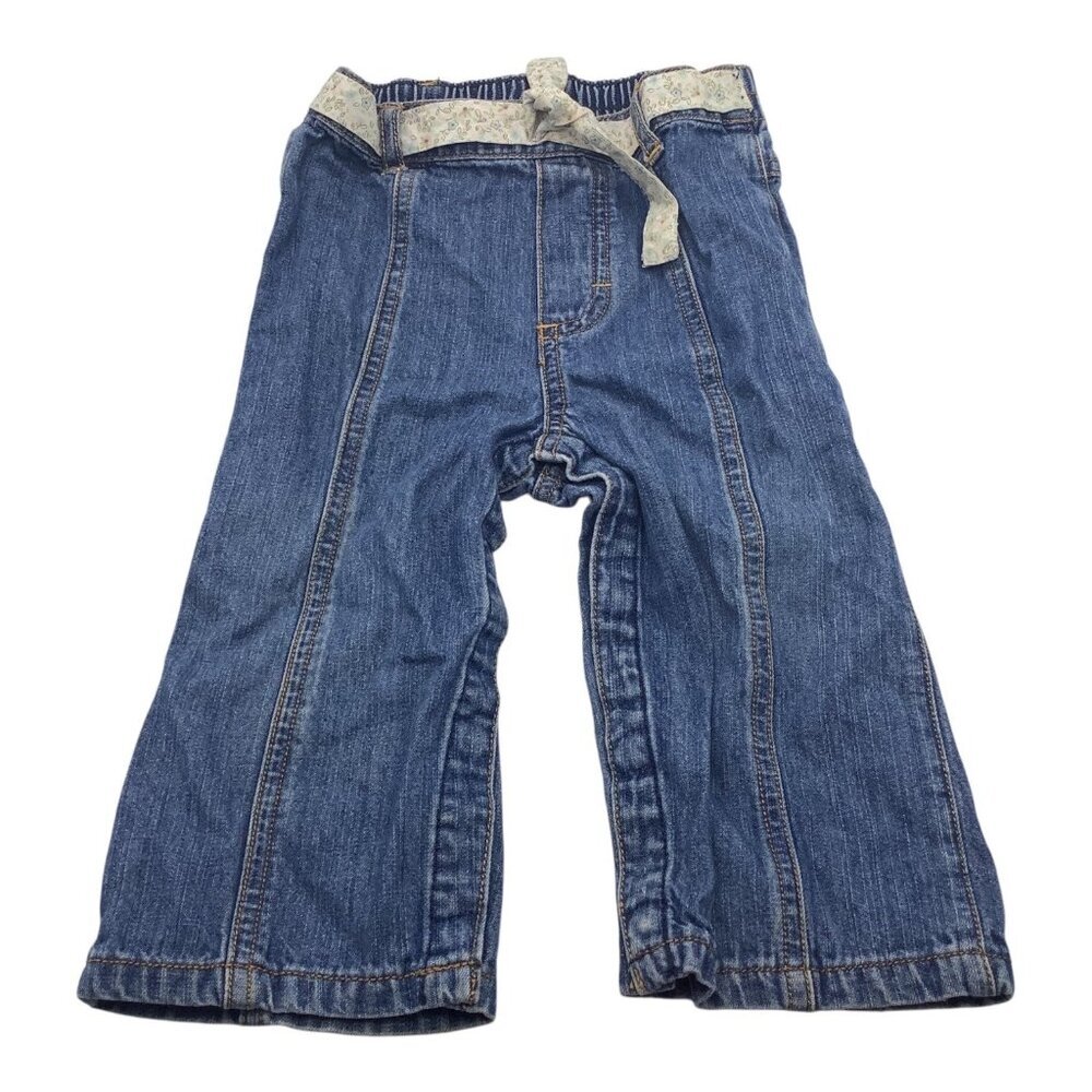 Carter's Denim Jeans Baby Girl Size 18M Floral Tie Belt & Elastic Waistband Blue